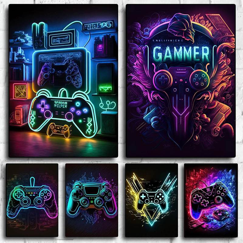 Esports Gaming Youtube - モダンなネオンポップクールなゲーミングウォールアートポスター、カラフルなゲーマーコントローラーポスターとプリント、Eスポーツルームの装飾ギフト（ライトなし）