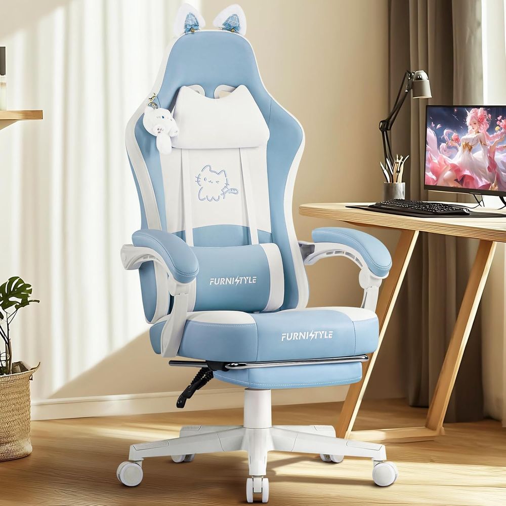 Gaming & Esports District - 人間工学に基づいた青/白のゲーミングチェア、腰椎サポートとマッサージ機能付きで快適なゲームプレイを実現