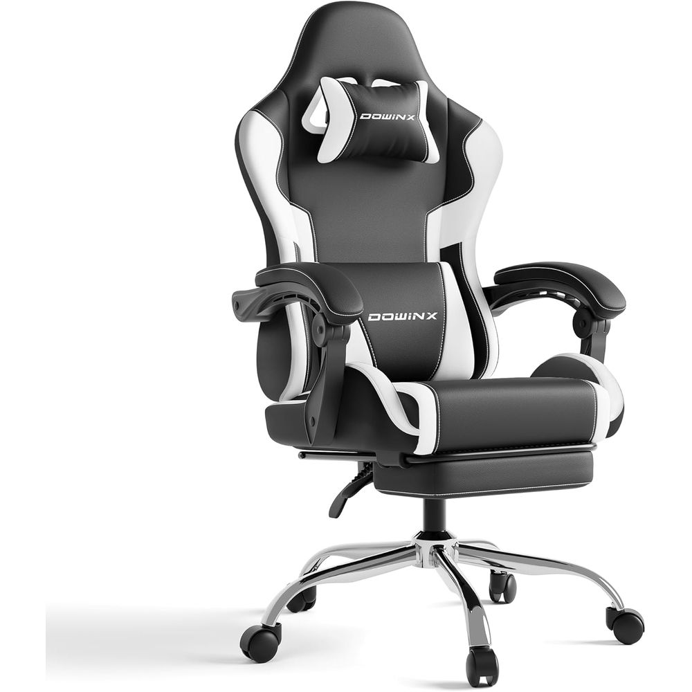 Gaming & Esports District - 人間工学に基づいたゲーミングチェア、ランバーサポートと枕付き、耐荷重330ポンド、ホワイト、家庭、ストリーミング、長時間ゲーミングに最適