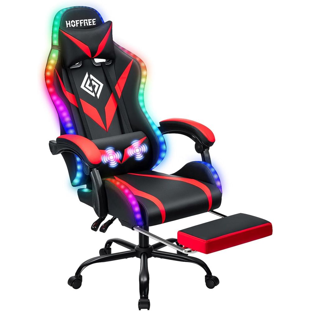 Gaming & Esports District - 人間工学に基づいたハイバックゲーミングチェア（マッサージ機能、LEDライト、調節可能なランバーサポート付き）- レッドとブラック