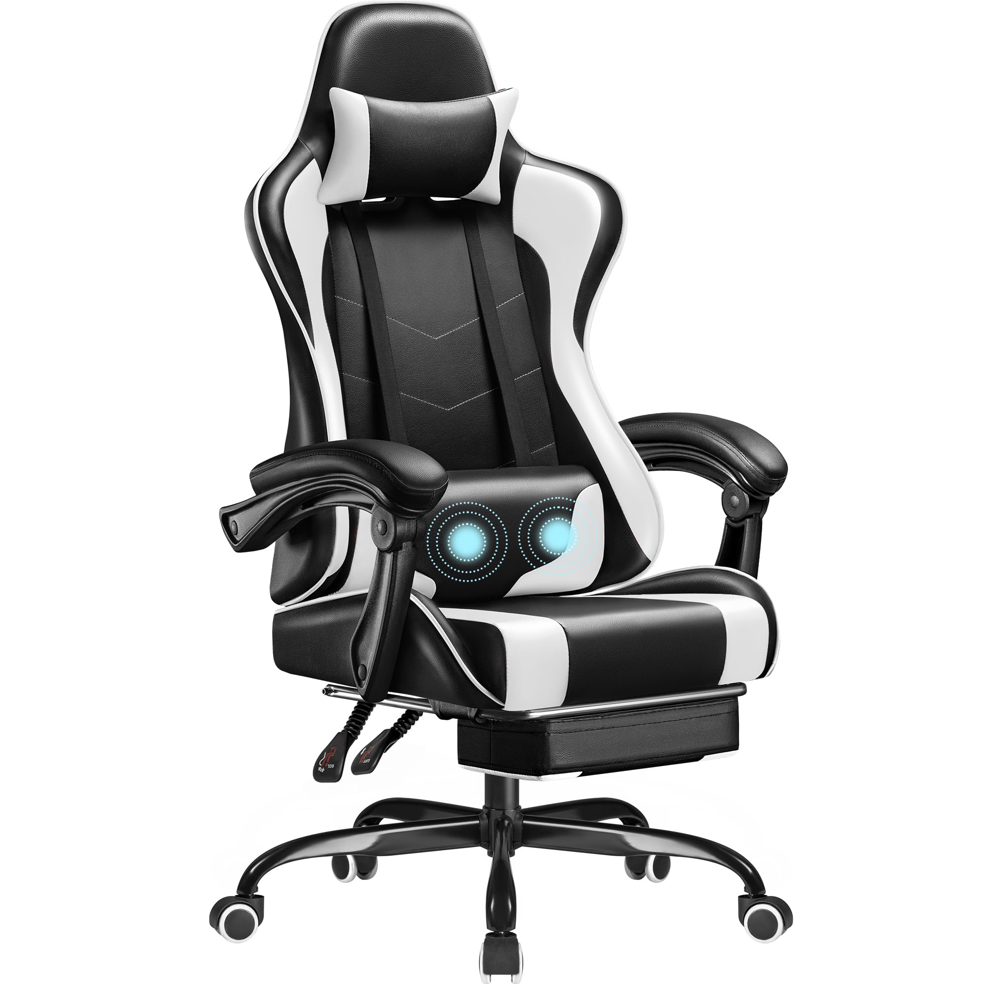 Video Gaming & Esports Usd Acc - ゲーミングチェア、フットレストとマッサージランバーサポート付きビデオゲームチェア、人間工学に基づいた高さ調節可能なコンピュータチェア
