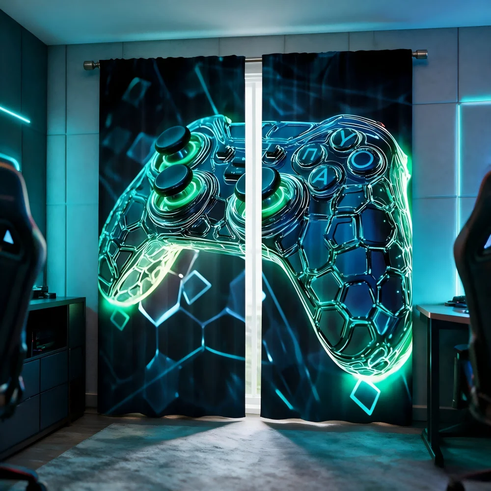 デジタルプリントカーテン2枚組、ネオングリーンのゲームコント - Esports Gaming Youtube のレビューと価格